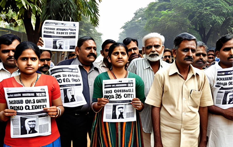 **
A diverse group of Indian citizens actively participating in a democratic process. Include people of different ages, genders, and backgrounds. Some are casting votes, others are debating public issues. A newspaper with the headline "Independent Media" is visible. The overall mood is one of civic engagement and empowerment.
**