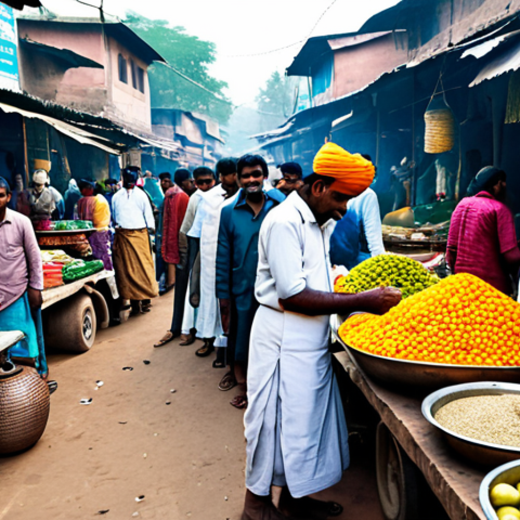 선거 전략과 캠페인 - A busy marketplace in rural India, filled with vendors in traditional clothing selling fresh produce...