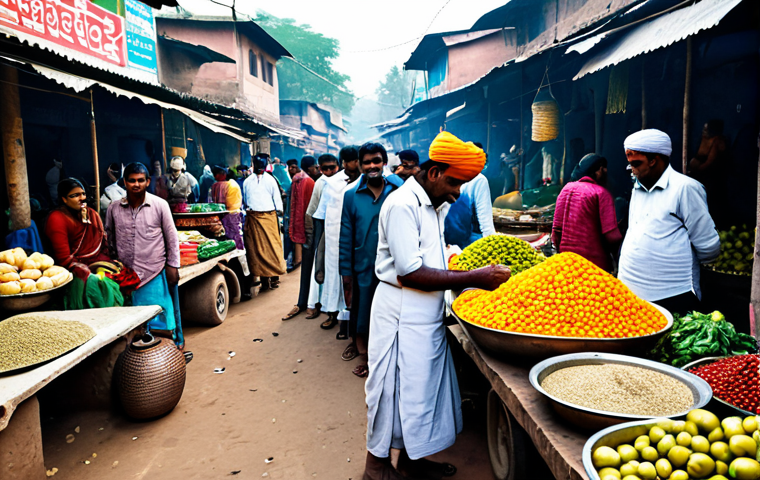 선거 전략과 캠페인 - A busy marketplace in rural India, filled with vendors in traditional clothing selling fresh produce...