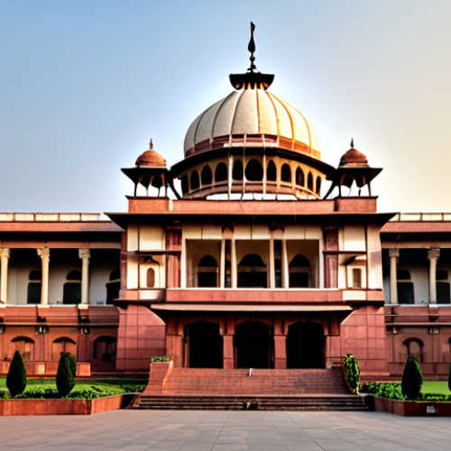 정부 형태와 권력 분립 - **Prompt:** "Indian parliament building at sunset, fully clothed politicians in session, appropriate...