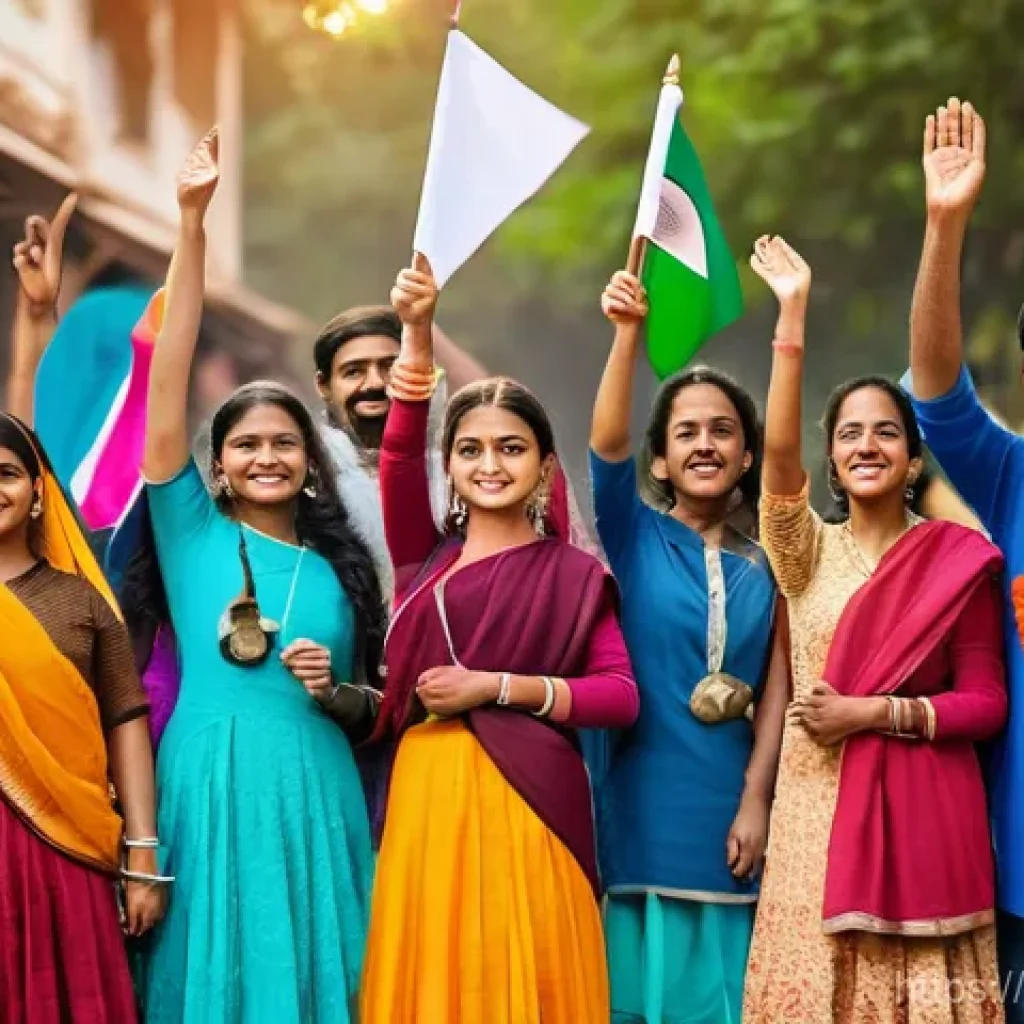 국민주의와 다문화 정책 - A vibrant scene capturing the essence of national pride and unity in India. A diverse group of India...