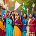 국민주의와 다문화 정책 - A vibrant scene capturing the essence of national pride and unity in India. A diverse group of India...