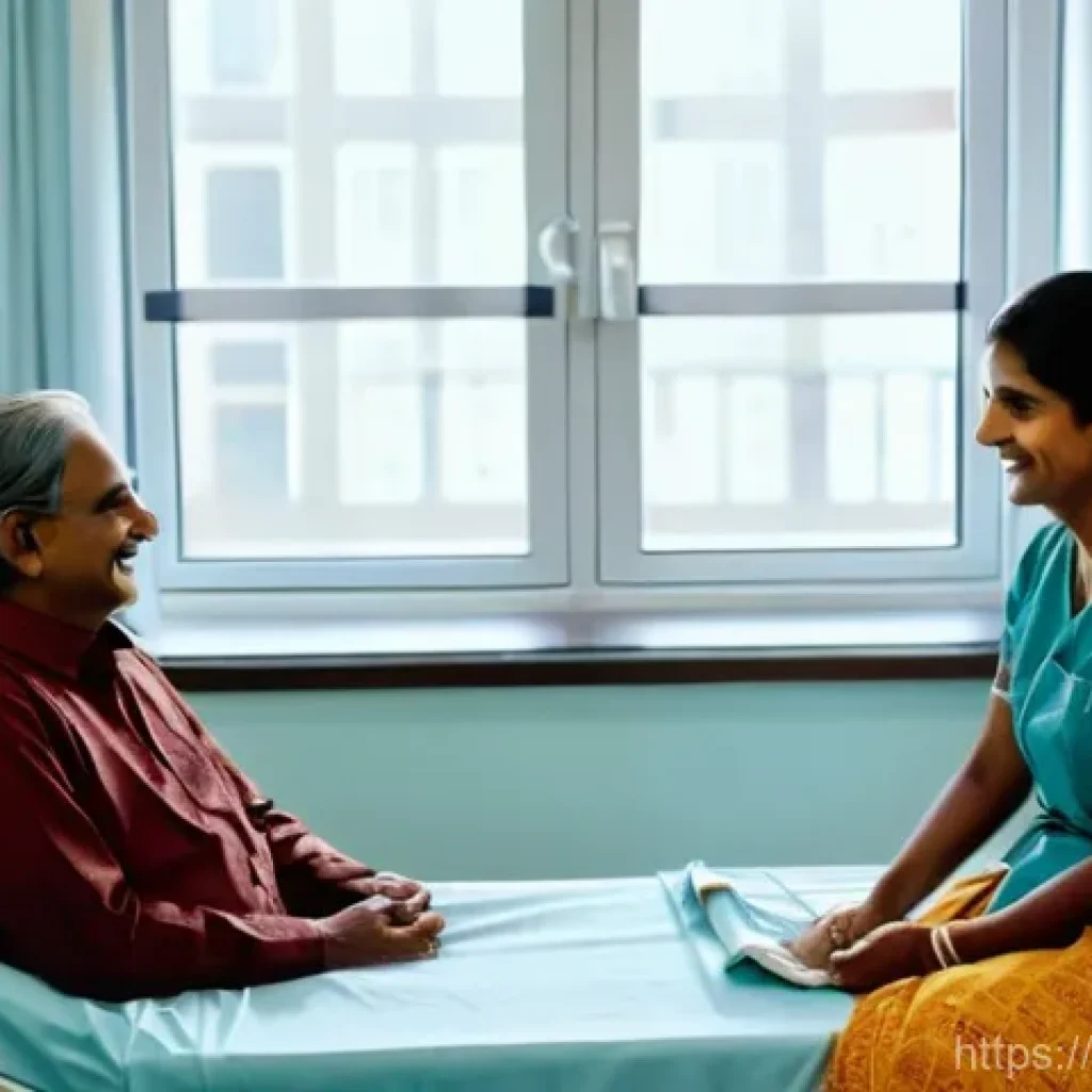 국가 개입과 복지정책 - A heartwarming scene of an Indian family in a clean, modern hospital room. A middle-aged woman, reco...