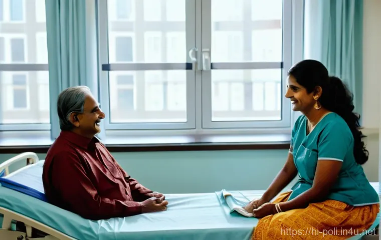 국가 개입과 복지정책 - A heartwarming scene of an Indian family in a clean, modern hospital room. A middle-aged woman, reco...