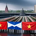 냉전과 탈냉전 - A detailed Cold War era scene showing the tense standoff between the United States and Soviet Union,...