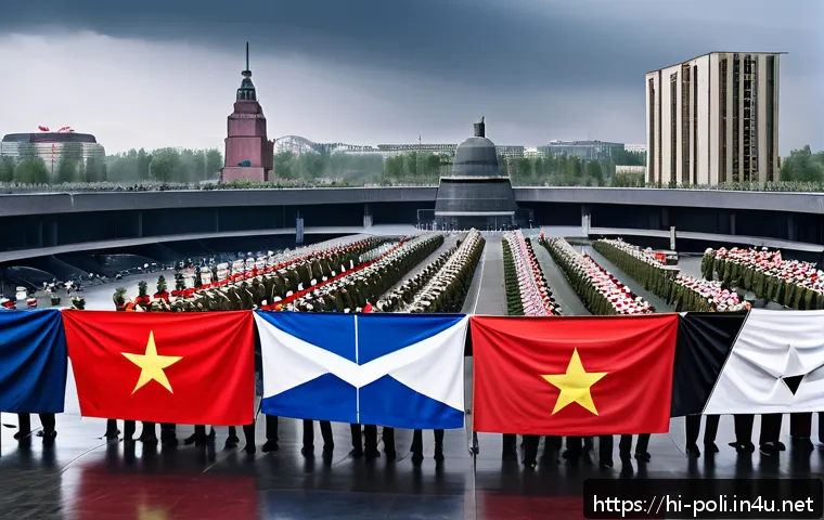 냉전과 탈냉전 - A detailed Cold War era scene showing the tense standoff between the United States and Soviet Union,...